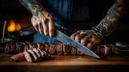 A skilled chef with intricate tattoos expertly slices a perfectly cooked steak, showcasing culinary artistry in a warm, rustic kitchen atmosphere.の素材