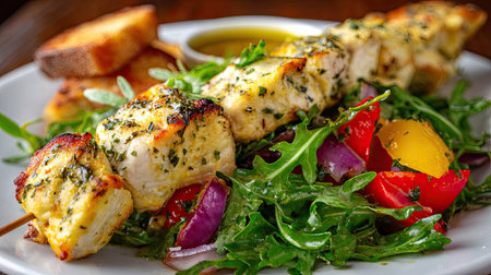 Succulent grilled chicken skewers served with a vibrant salad and toasted bread. This healthy, colorful dish highlights fresh ingredients and culinary artistry.の素材