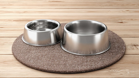 This image features stylish stainless steel pet bowls set on a textured brown fabric mat, ideal for modern pet dining environments and home aesthetics.の素材
