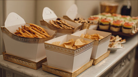 A beautifully arranged display of gourmet snacks featuring crispy fries, chips, and delicious appetizers, perfect for any social gathering or event.の素材
