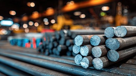 A detailed image showcasing industrial metal rods in a warehouse setting. The background features blurred lights, enhancing the focus on the steel rods, ideal for manufacturing visuals.の素材