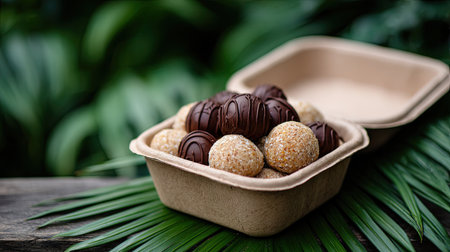 A vibrant display of assorted healthy snack balls nestled in eco-friendly packaging, set against a lush green backdrop, perfect for a wholesome treat.の素材