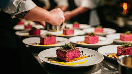 A skilled chef meticulously garnishes elegant pink desserts in a modern kitchen, showcasing a blend of culinary artistry and precise technique for gourmet dining.の素材