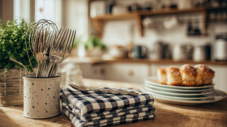 A beautifully arranged kitchen scene featuring shiny forks in a pot, patterned napkins, and a plate of delicious pastries on a rustic wooden table.の素材