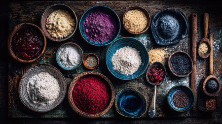 Discover a vibrant assortment of natural powders and spices arranged on a rustic wooden table, perfect for culinary delight and artistic food photography.の素材