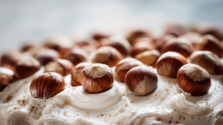 A stunning close-up view of a creamy dessert adorned with roasted hazelnuts, showcasing rich textures and inviting colors that captivate food lovers.の素材
