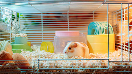 Adorable guinea pig exploring its cozy cage filled with colorful toys and soft bedding. Perfect image for pet care and animal lovers.の素材