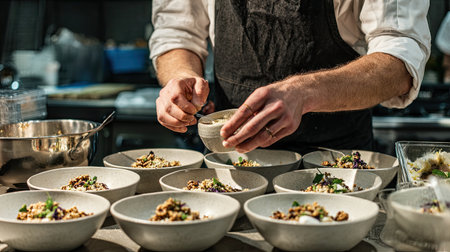 A skilled chef meticulously plates gourmet dishes in a modern kitchen, showcasing fresh ingredients and artistic techniques for an elevated dining experience.の素材