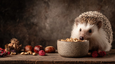 An adorable hedgehog is captured in a rustic setting, enjoying a meal of nuts and fruits. The warm tones create a cozy atmosphere, highlighting the small animal's charming features.の素材
