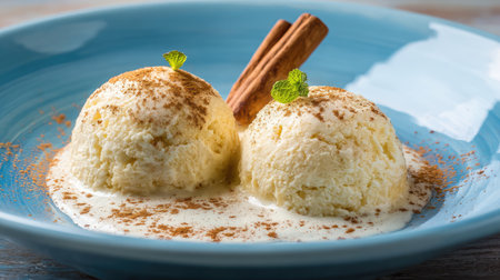 A beautifully presented creamy dessert features two scoops of smooth ice cream, garnished with cinnamon sticks and fresh mint leaves on a blue plate.の素材