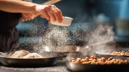 A dynamic scene showcasing a professional chef artfully sprinkling flour over various ingredients in a modern restaurant kitchen, emphasizing culinary skill and creativity.の素材
