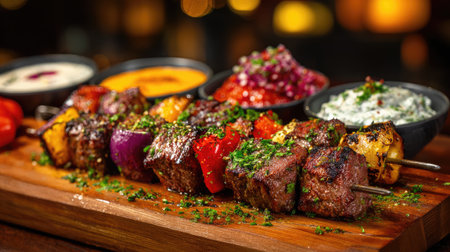 A vibrant array of grilled skewers featuring tender meat and assorted fresh vegetables, accompanied by various flavorful dipping sauces on a wooden platter.の素材