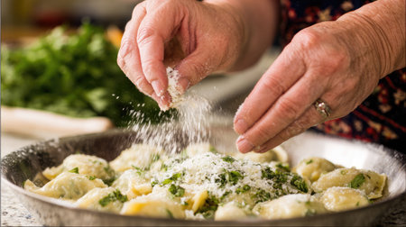 A pair of hands sprinkles fresh cheese over a plate of homemade pasta, capturing the essence of comfort food and culinary tradition in a cozy kitchen setting.の素材