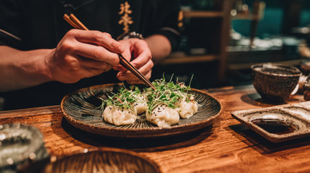A talented chef carefully assembles gourmet dumplings topped with fresh herbs, capturing the essence of culinary artistry in a warm restaurant environment.の素材