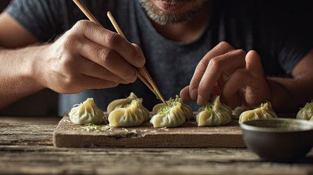 A skilled chef is meticulously plating delicious dumplings on a rustic wooden board, showcasing culinary artistry with precision and care in an inviting kitchen setting.の素材