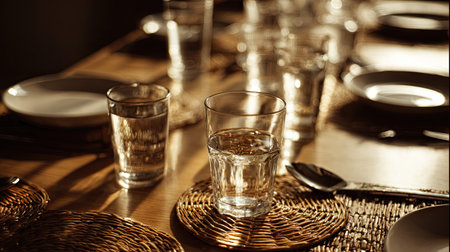 A beautifully arranged dinner table with sparkling water glasses and elegant plates illuminated by soft natural light, perfect for intimate gatherings.の素材