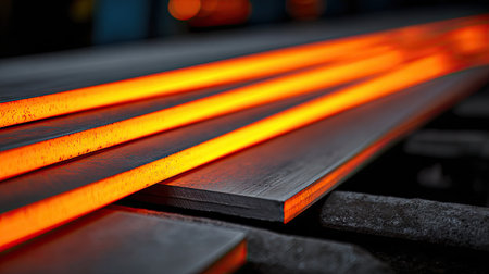 A close-up view of hot steel bars illuminated by intense orange light in a forging workshop, highlighting the intricate texture and industrial atmosphere.の素材