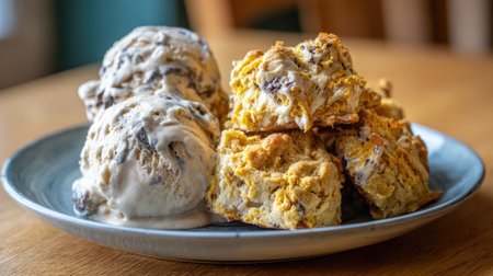 A tempting display of ice cream scoops alongside fluffy baked treats on a rustic wooden table, perfect for any gathering or dessert occasion.の素材