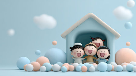 This delightful image features cheerful children gathered in a cozy, colorful house surrounded by soft, playful shapes. Bursting with joy, their smiles embody the spirit of childhood and friendship, inviting viewers into a world of imagination and play.の素材