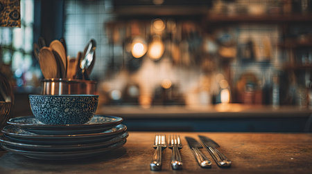 A warm and inviting kitchen setup featuring stacked plates, a decorative bowl, and cutlery, creating a cozy atmosphere for culinary creations.の素材