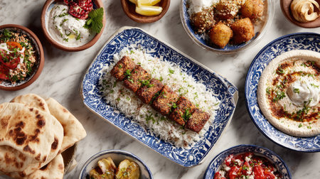 A vibrant spread of Middle Eastern culinary delights featuring kebabs, rice, fresh herbs, and colorful dips, perfect for sharing and enjoying together.の素材