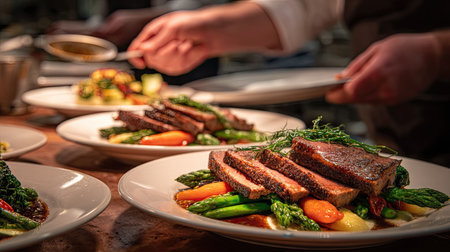 This captivating image showcases a gourmet plated meal featuring grilled steak and fresh vegetables, elegantly arranged in a fine dining setting, highlighting culinary artistry.の素材