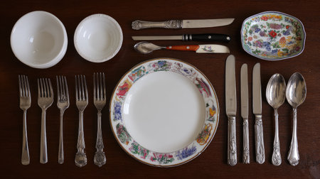 A beautiful and elegant table setting features vintage silverware, decorative plates, and assorted bowls neatly arranged on a rich wooden surface, perfect for any dining occasion.の素材