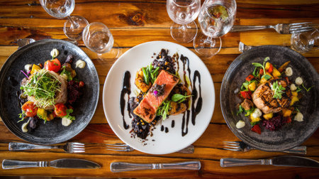 Experience a visually stunning culinary masterpiece featuring three distinct gourmet dishes artfully presented on a rustic wooden table, complemented by elegant glassware.の素材