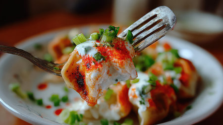 A tempting close-up of steamed dumplings on a fork, topped with creamy sauce, fresh herbs, and spices, perfectly showcasing homemade comfort cuisine.の素材