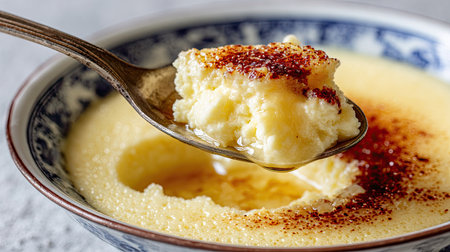 A close-up view of a creamy vanilla dessert served in a traditional bowl, topped with caramelized sugar, showcasing its rich texture and inviting appearance.の素材