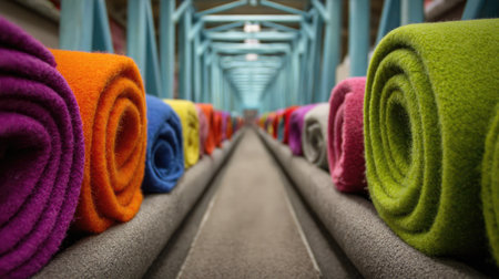 A vibrant and colorful display of neatly rolled blankets in a warehouse environment. The soft textures and warm colors create an inviting atmosphere perfect for home decor or crafting inspiration.の素材