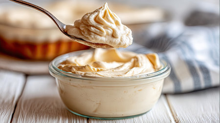 A beautifully crafted creamy dessert topping in a glass bowl, with a spoon ready to serve, set against a rustic wooden table, perfect for any occasion.の素材