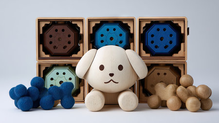 This charming wooden toy collection features a cute dog character surrounded by colorful geometric shapes, perfect for promoting creativity and early learning in children.の素材