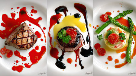 A stunning display of gourmet culinary art featuring grilled meat, vibrant sauces, and fresh vegetables. Ideal for food enthusiasts and culinary presentations.の素材