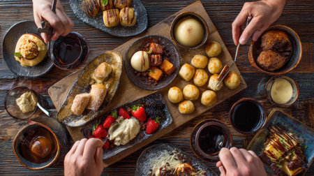 A visually stunning array of desserts showcases vibrant fruits and rich sauces on a rustic wooden table, inviting indulgence and enjoyment.の素材
