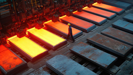 A worker in safety gear is seen walking between glowing hot steel plates in an industrial steel mill. The scene showcases the intense manufacturing process.の素材