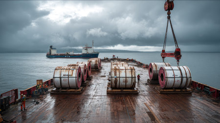 A large cargo ship is anchored in a dramatic seascape, while workers load heavy coils onto the deck with cranes under an overcast sky.の素材