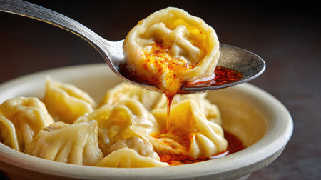 A close-up image features a spoon lifting a delicious dumpling drenched in spicy sauce. The rich colors and textures highlight the enticing traditional flavors of Asian cuisine.の素材