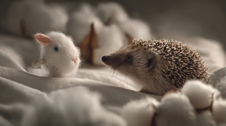 A captivating scene featuring a cute hedgehog and a fluffy bunny surrounded by soft cotton clouds, evoking feelings of warmth and innocence in nature.の素材