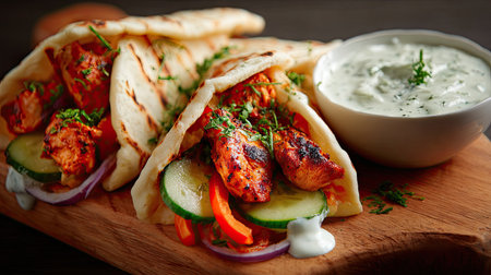 Mouthwatering grilled chicken tacos served with fresh vegetables and a rich creamy sauce, garnished with herbs on a rustic wooden platter. Perfect for any meal.の素材