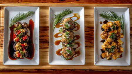 A beautifully arranged set of three gourmet dishes showcasing vibrant colors and fresh herbs, perfect for culinary enthusiasts and fine dining restaurants.の素材