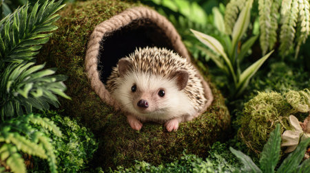 This charming image showcases a cute hedgehog peeking out from its cozy nest, surrounded by vibrant greenery and moss, creating a serene natural atmosphere.の素材