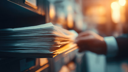 A close-up view of a hand sorting through stacks of paper documents in a modern office setting, illuminated by warm sunset light, showcasing organization and routine.の素材