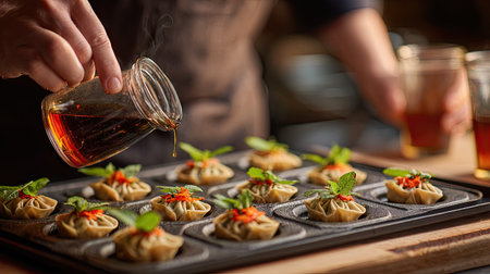 A close-up view of delicious Asian dumplings, topped with fresh herbs and being drizzled with savory sauce, captures the artistry of cooking in a cozy kitchen.の素材