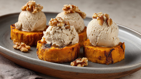 This appetizing sweet potato dessert features creamy ice cream and crunchy walnuts served elegantly on a stylish plate, ideal for festive dining occasions.の素材