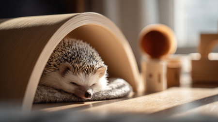 A charming hedgehog snuggles in a cozy wooden arch habitat, resting peacefully on soft bedding. This serene scene captures the essence of calm and comfort in a domestic setting, perfect for animal lovers and home decor enthusiasts.の素材