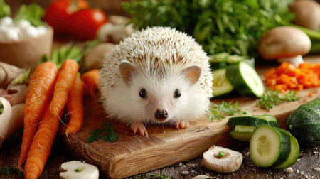 A charming hedgehog sits on a wooden board amidst a colorful array of fresh vegetables and herbs, bringing a delightful touch to any culinary setting.の素材