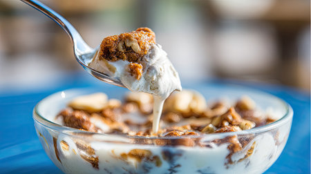 A delicious bowl of creamy yogurt topped with crunchy nuts and sweet granola, accented by honey, captured in bright light. Perfect for breakfast or a snack.の素材