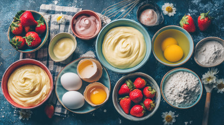 A beautifully arranged collection of fresh ingredients on a rustic table, featuring eggs, strawberries, flour, and creamy mixtures perfect for baking.の素材