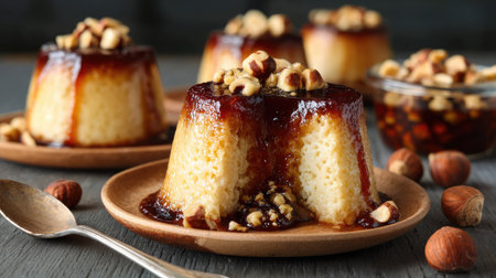 This exquisite dessert features creamy flan topped with rich caramel and crunchy nuts, beautifully presented on wooden plates for a rustic appeal.の素材